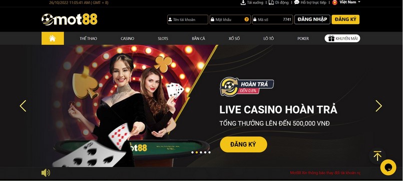 Mot88 casino có giao diện website ấn tượng